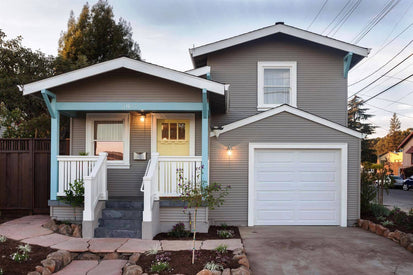 Exterior house painting by MoonDance Painting in Marin County — gray craftsman home with blue and white trim