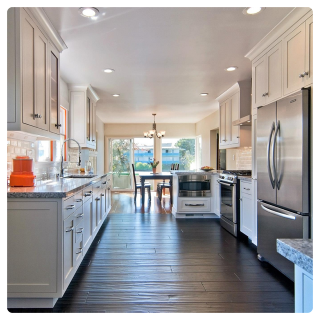 Kitchen cabinet refinishing by MoonDance Painting in Mill Valley, Marin County — white painted cabinets with dark hardwood floors